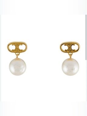 ❌SOLD❌Celine Gold-Tone Logo Drop Earrings with White Faux Pearl